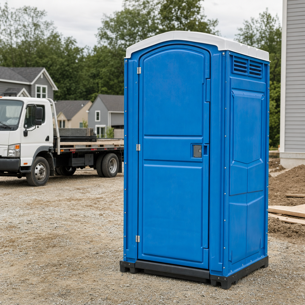 Delivery driver positioning a clean royal-blue portable toilet on level ground at a Griffin worksite