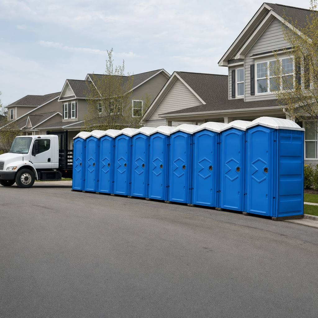 Royal blue portable toilets staged in a tidy row at a Griffin jobsite, ready for delivery